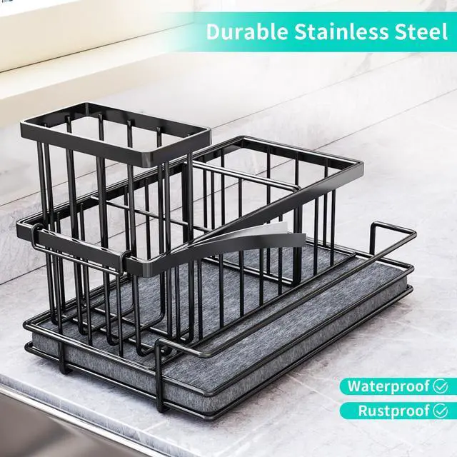 Alt view image 4 of 7 - Sink Caddy Sponge Holder - Kitchen Sink Organizer with Instant Drying Stone and Brush Holder, Stainless Steel Bathroom Counter Organizer - Black