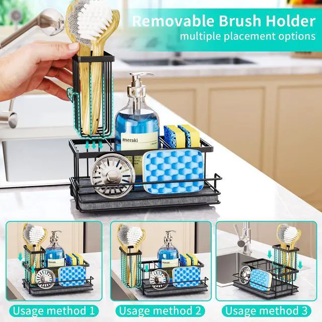 Alt view image 3 of 7 - Sink Caddy Sponge Holder - Kitchen Sink Organizer with Instant Drying Stone and Brush Holder, Stainless Steel Bathroom Counter Organizer - Black