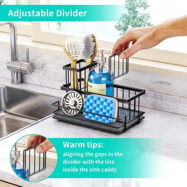 Alt view image 5 of 7 - Sink Caddy Sponge Holder - Kitchen Sink Organizer with Instant Drying Stone and Brush Holder, Stainless Steel Bathroom Counter Organizer - Black
