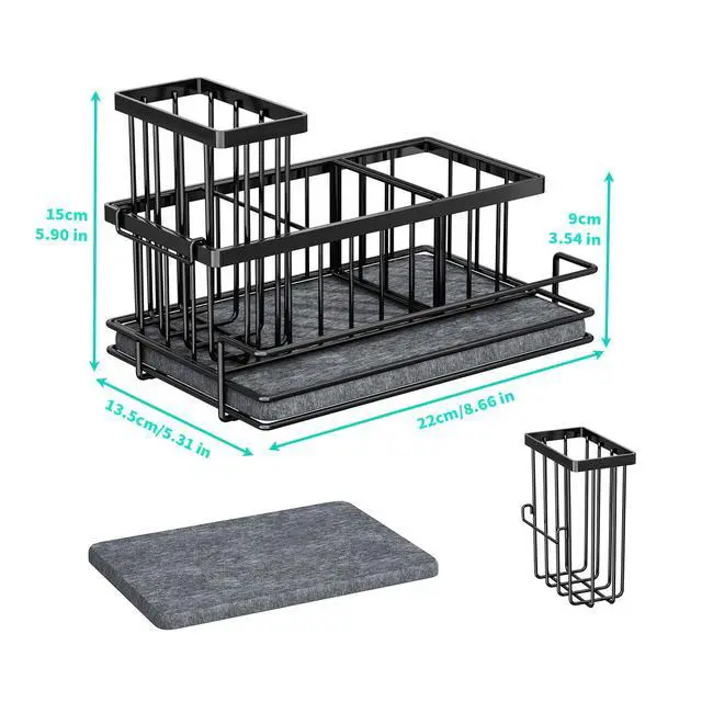 Alt view image 6 of 7 - Sink Caddy Sponge Holder - Kitchen Sink Organizer with Instant Drying Stone and Brush Holder, Stainless Steel Bathroom Counter Organizer - Black
