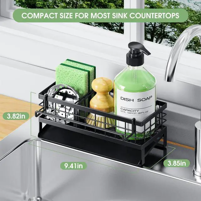 Alt view image 2 of 7 - Self-Draining Kitchen Sink Caddy, Rustproof Non-Slip Metal Sponge Holder with Detachable Dish Cloth Holder (Black)