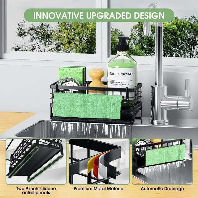 Alt view image 4 of 7 - Self-Draining Kitchen Sink Caddy, Rustproof Non-Slip Metal Sponge Holder with Detachable Dish Cloth Holder (Black)