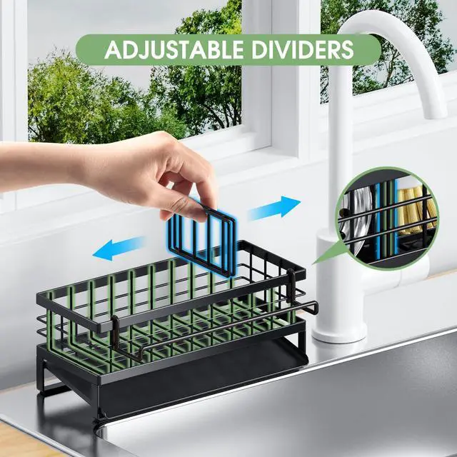 Alt view image 5 of 7 - Self-Draining Kitchen Sink Caddy, Rustproof Non-Slip Metal Sponge Holder with Detachable Dish Cloth Holder (Black)