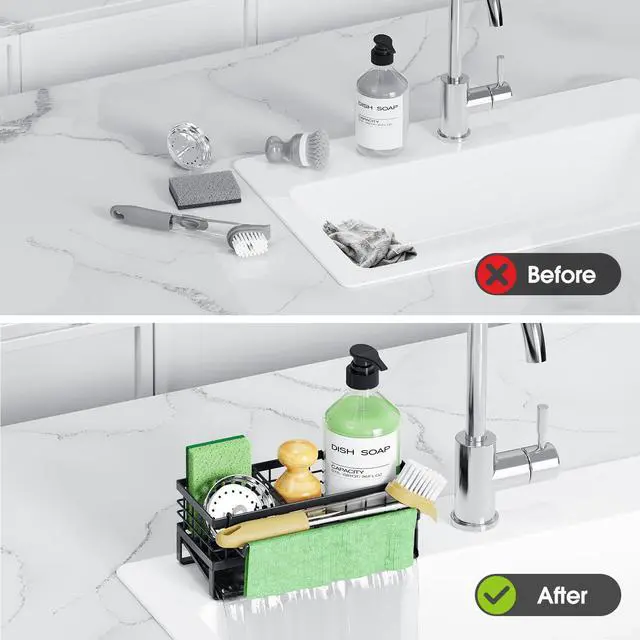 Alt view image 7 of 7 - Self-Draining Kitchen Sink Caddy, Rustproof Non-Slip Metal Sponge Holder with Detachable Dish Cloth Holder (Black)
