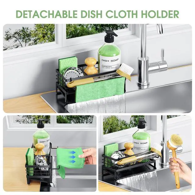 Alt view image 6 of 7 - Self-Draining Kitchen Sink Caddy, Rustproof Non-Slip Metal Sponge Holder with Detachable Dish Cloth Holder (Black)