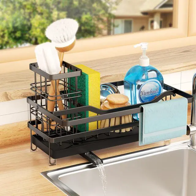Main image of Sponge Holder for Kitchen Sink, Self-draining Sink Organizer with Towel Rack and Brush Holder, Metal Kitchen Sink Organizer for Countertop, Black