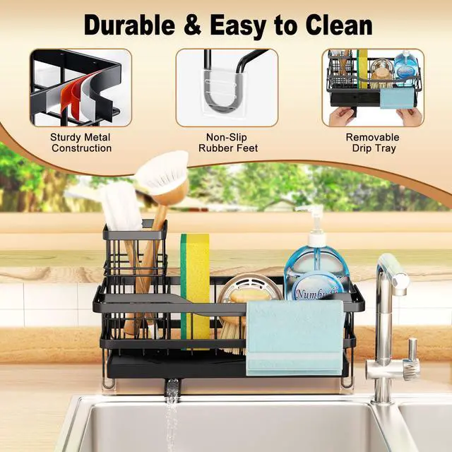 Alt view image 2 of 7 - Sponge Holder for Kitchen Sink, Self-draining Sink Organizer with Towel Rack and Brush Holder, Metal Kitchen Sink Organizer for Countertop, Black