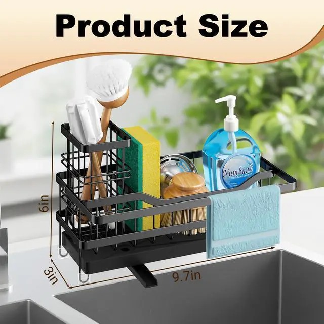 Alt view image 3 of 7 - Sponge Holder for Kitchen Sink, Self-draining Sink Organizer with Towel Rack and Brush Holder, Metal Kitchen Sink Organizer for Countertop, Black