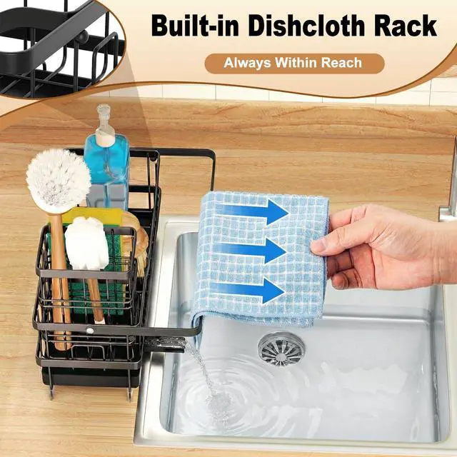 Alt view image 4 of 7 - Sponge Holder for Kitchen Sink, Self-draining Sink Organizer with Towel Rack and Brush Holder, Metal Kitchen Sink Organizer for Countertop, Black