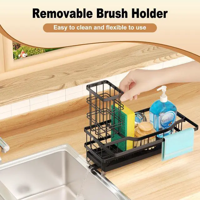 Alt view image 6 of 7 - Sponge Holder for Kitchen Sink, Self-draining Sink Organizer with Towel Rack and Brush Holder, Metal Kitchen Sink Organizer for Countertop, Black