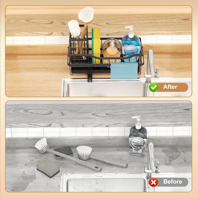 Alt view image 7 of 7 - Sponge Holder for Kitchen Sink, Self-draining Sink Organizer with Towel Rack and Brush Holder, Metal Kitchen Sink Organizer for Countertop, Black
