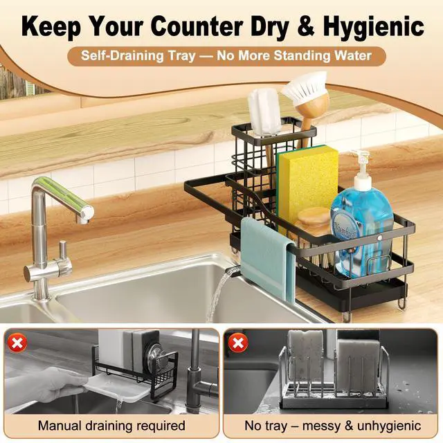 Alt view image 5 of 7 - Sponge Holder for Kitchen Sink, Self-draining Sink Organizer with Towel Rack and Brush Holder, Metal Kitchen Sink Organizer for Countertop, Black