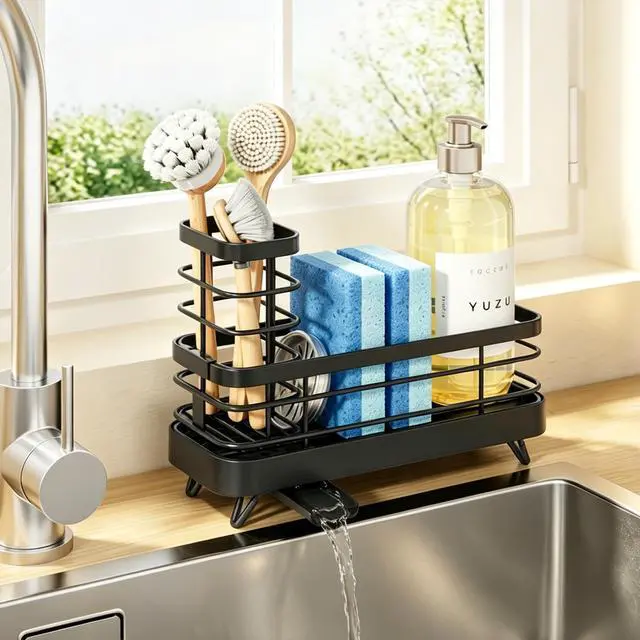 Main image of Sponge Holder for Kitchen Sink, Self-Draining Sink Caddy, Sink Organizer with Rotating Drain Spout and Movable Brush Holder for Narrow Countertops (Black, 7.9" x 3.5" x 6.0")