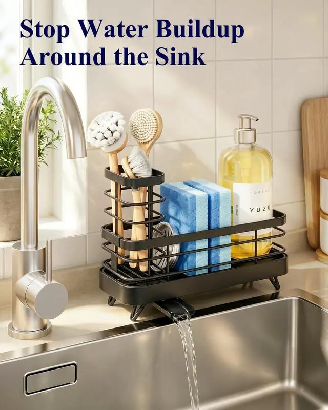 Alt view image 2 of 7 - Sponge Holder for Kitchen Sink, Self-Draining Sink Caddy, Sink Organizer with Rotating Drain Spout and Movable Brush Holder for Narrow Countertops (Black, 7.9" x 3.5" x 6.0")
