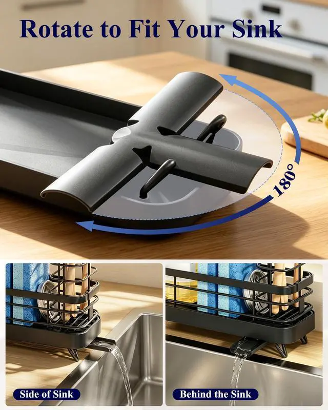 Alt view image 3 of 7 - Sponge Holder for Kitchen Sink, Self-Draining Sink Caddy, Sink Organizer with Rotating Drain Spout and Movable Brush Holder for Narrow Countertops (Black, 7.9" x 3.5" x 6.0")