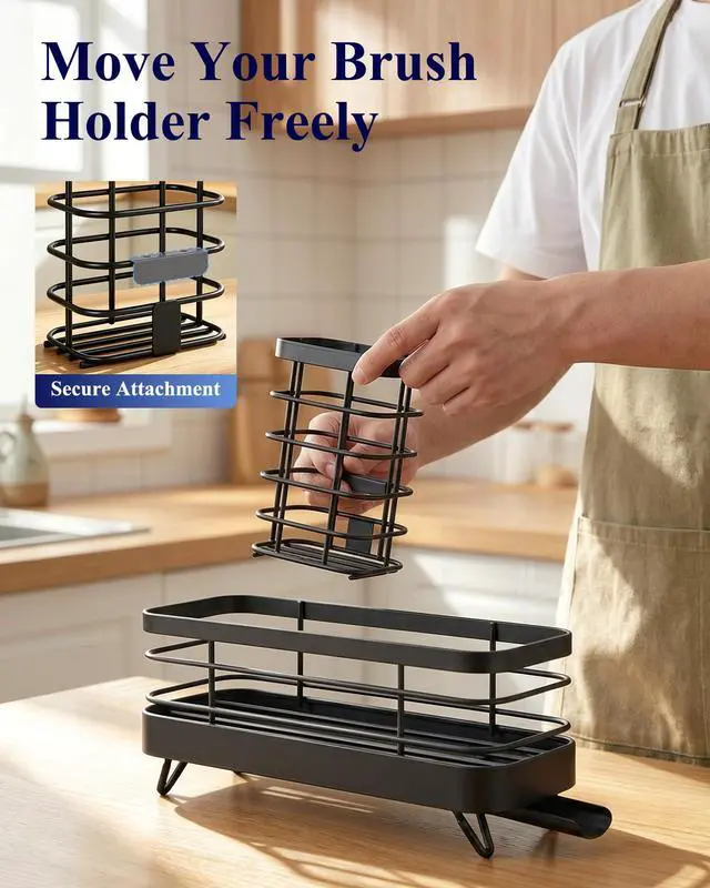 Alt view image 4 of 7 - Sponge Holder for Kitchen Sink, Self-Draining Sink Caddy, Sink Organizer with Rotating Drain Spout and Movable Brush Holder for Narrow Countertops (Black, 7.9" x 3.5" x 6.0")