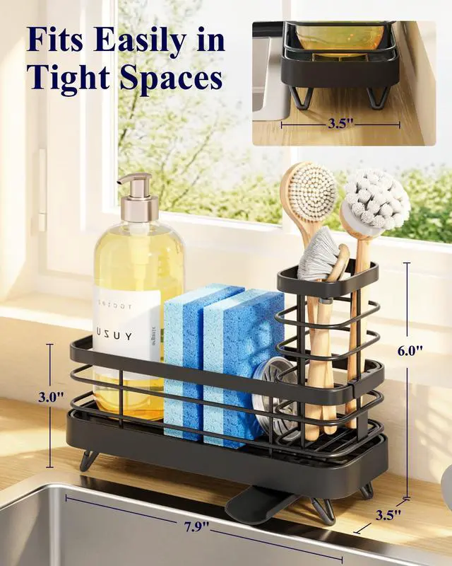 Alt view image 5 of 7 - Sponge Holder for Kitchen Sink, Self-Draining Sink Caddy, Sink Organizer with Rotating Drain Spout and Movable Brush Holder for Narrow Countertops (Black, 7.9" x 3.5" x 6.0")