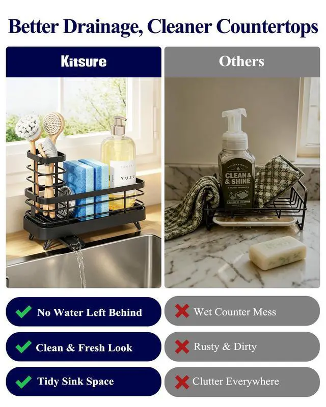Alt view image 6 of 7 - Sponge Holder for Kitchen Sink, Self-Draining Sink Caddy, Sink Organizer with Rotating Drain Spout and Movable Brush Holder for Narrow Countertops (Black, 7.9" x 3.5" x 6.0")
