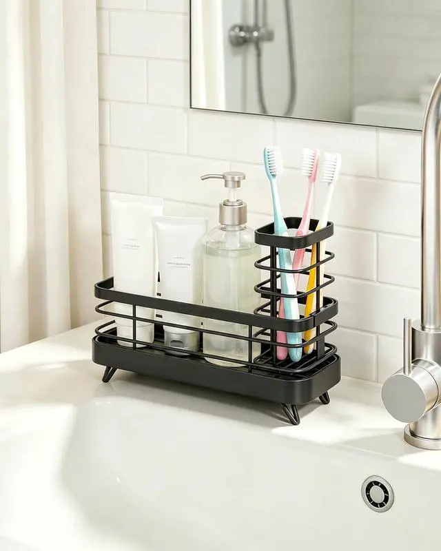 Alt view image 7 of 7 - Sponge Holder for Kitchen Sink, Self-Draining Sink Caddy, Sink Organizer with Rotating Drain Spout and Movable Brush Holder for Narrow Countertops (Black, 7.9" x 3.5" x 6.0")