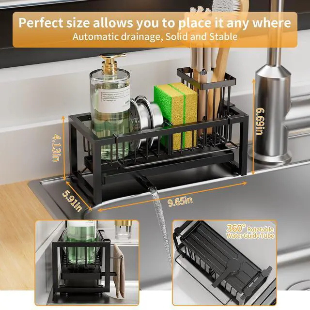 Alt view image 2 of 7 - Sponge Holder for Kitchen Sink, 304 Stainless Steel Sink Caddy with Tall Brush Holder & Self-Draining Tray, 3-Compartment Countertop Organizer for Dish Soap Dispenser, Sponge, Scrubber, Black