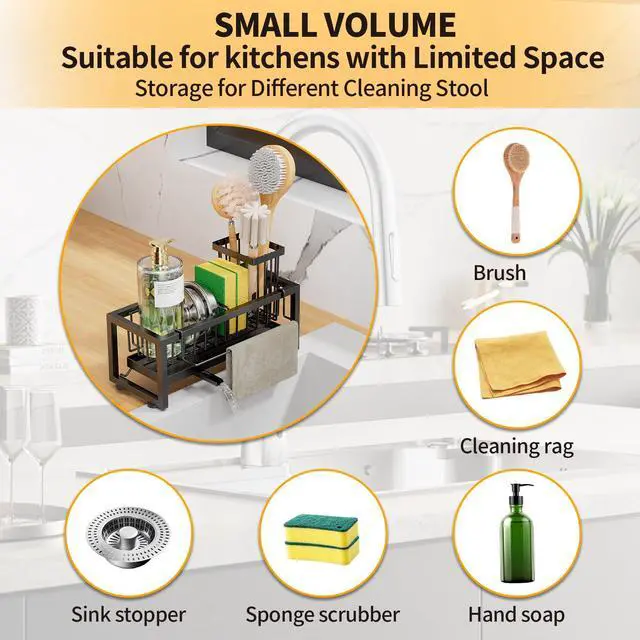 Alt view image 3 of 7 - Sponge Holder for Kitchen Sink, 304 Stainless Steel Sink Caddy with Tall Brush Holder & Self-Draining Tray, 3-Compartment Countertop Organizer for Dish Soap Dispenser, Sponge, Scrubber, Black