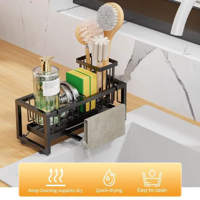 Alt view image 4 of 7 - Sponge Holder for Kitchen Sink, 304 Stainless Steel Sink Caddy with Tall Brush Holder & Self-Draining Tray, 3-Compartment Countertop Organizer for Dish Soap Dispenser, Sponge, Scrubber, Black