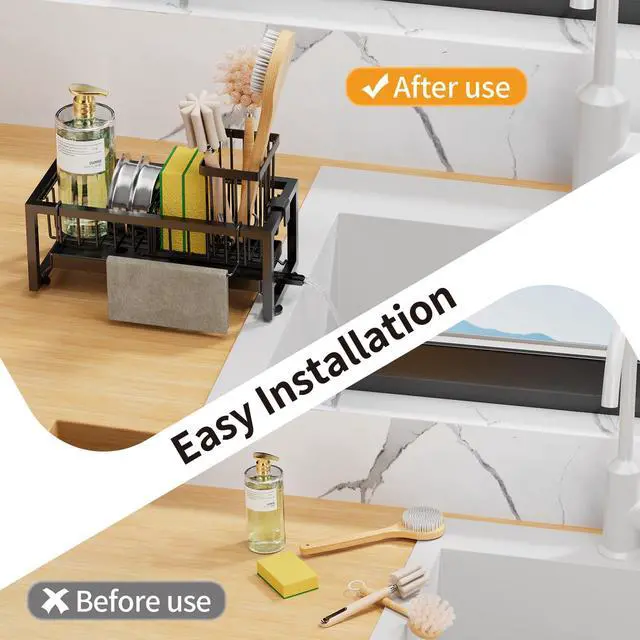 Alt view image 6 of 7 - Sponge Holder for Kitchen Sink, 304 Stainless Steel Sink Caddy with Tall Brush Holder & Self-Draining Tray, 3-Compartment Countertop Organizer for Dish Soap Dispenser, Sponge, Scrubber, Black
