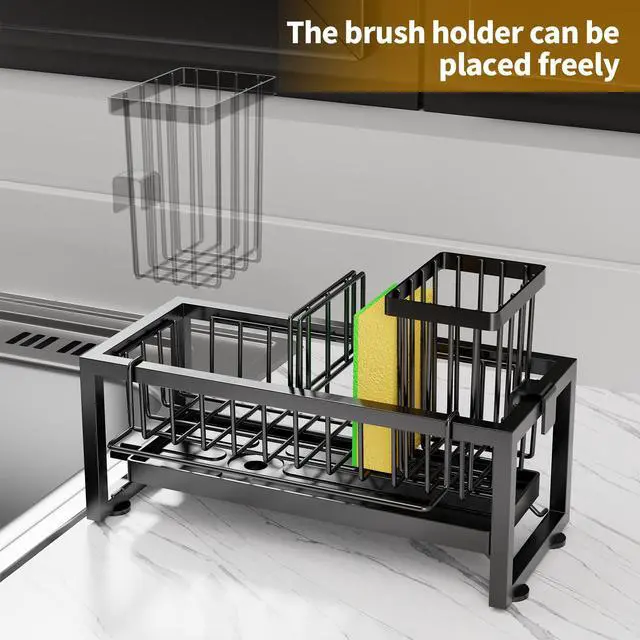 Alt view image 7 of 7 - Sponge Holder for Kitchen Sink, 304 Stainless Steel Sink Caddy with Tall Brush Holder & Self-Draining Tray, 3-Compartment Countertop Organizer for Dish Soap Dispenser, Sponge, Scrubber, Black