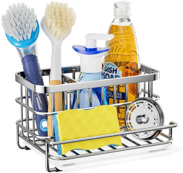 Main image of Kitchen Sink Organizer, SUS304 Stainless Steel Rustproof Multifunctional Large Sink Caddy with Sponge Holder and Drain Tray for Kitchen Countertop (Silver)