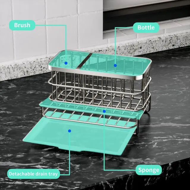 Alt view image 2 of 7 - Kitchen Sink Organizer, SUS304 Stainless Steel Rustproof Multifunctional Large Sink Caddy with Sponge Holder and Drain Tray for Kitchen Countertop (Silver)