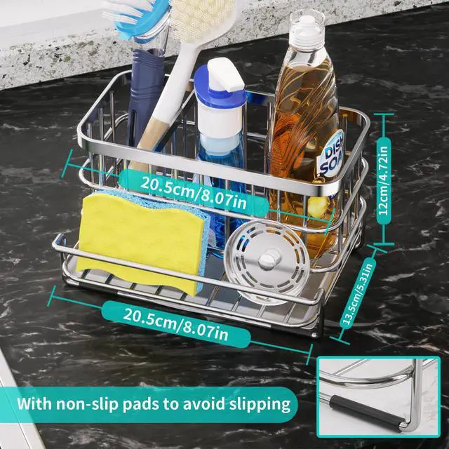 Alt view image 4 of 7 - Kitchen Sink Organizer, SUS304 Stainless Steel Rustproof Multifunctional Large Sink Caddy with Sponge Holder and Drain Tray for Kitchen Countertop (Silver)