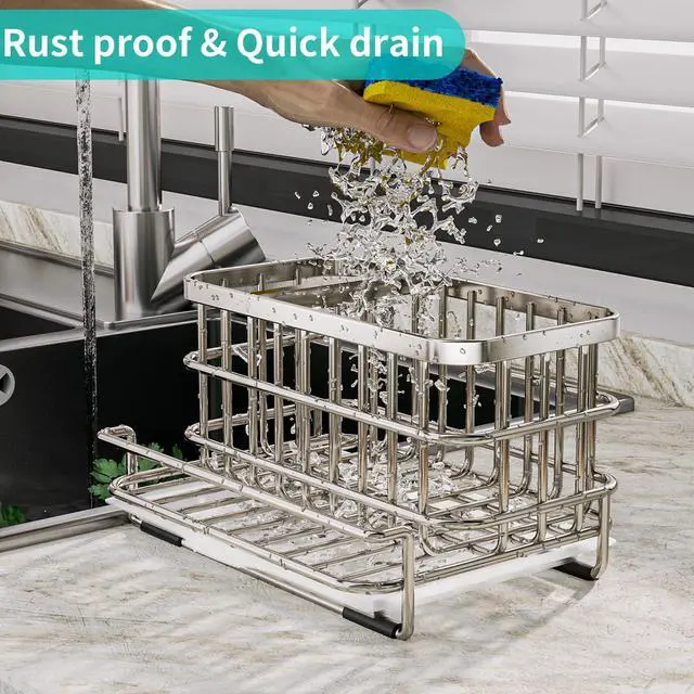 Alt view image 3 of 7 - Kitchen Sink Organizer, SUS304 Stainless Steel Rustproof Multifunctional Large Sink Caddy with Sponge Holder and Drain Tray for Kitchen Countertop (Silver)