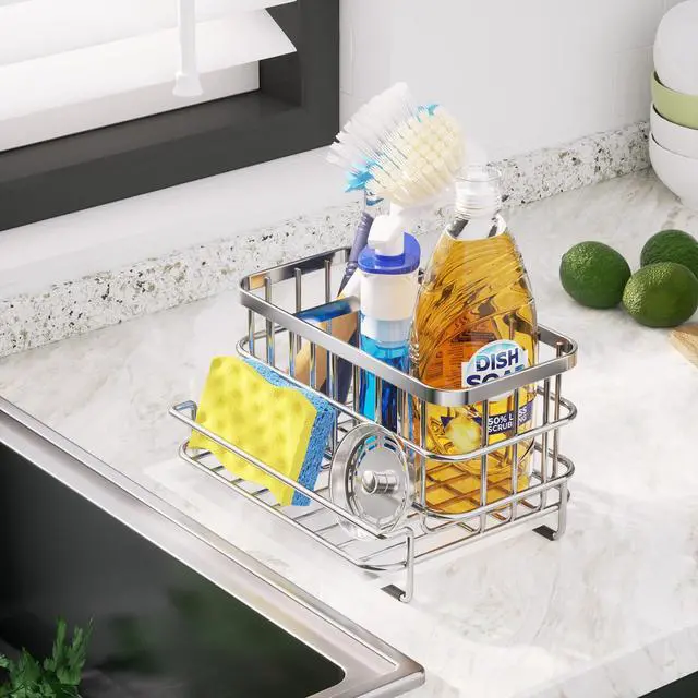 Alt view image 5 of 7 - Kitchen Sink Organizer, SUS304 Stainless Steel Rustproof Multifunctional Large Sink Caddy with Sponge Holder and Drain Tray for Kitchen Countertop (Silver)