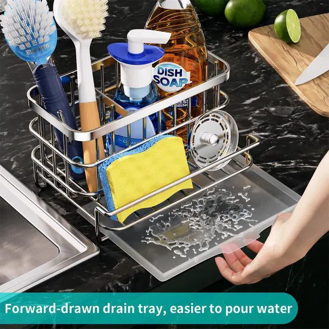 Alt view image 6 of 7 - Kitchen Sink Organizer, SUS304 Stainless Steel Rustproof Multifunctional Large Sink Caddy with Sponge Holder and Drain Tray for Kitchen Countertop (Silver)