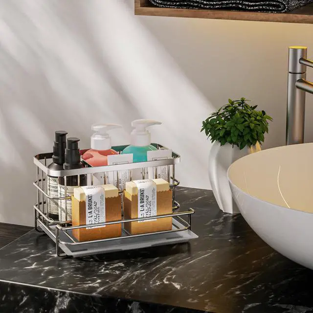 Alt view image 7 of 7 - Kitchen Sink Organizer, SUS304 Stainless Steel Rustproof Multifunctional Large Sink Caddy with Sponge Holder and Drain Tray for Kitchen Countertop (Silver)