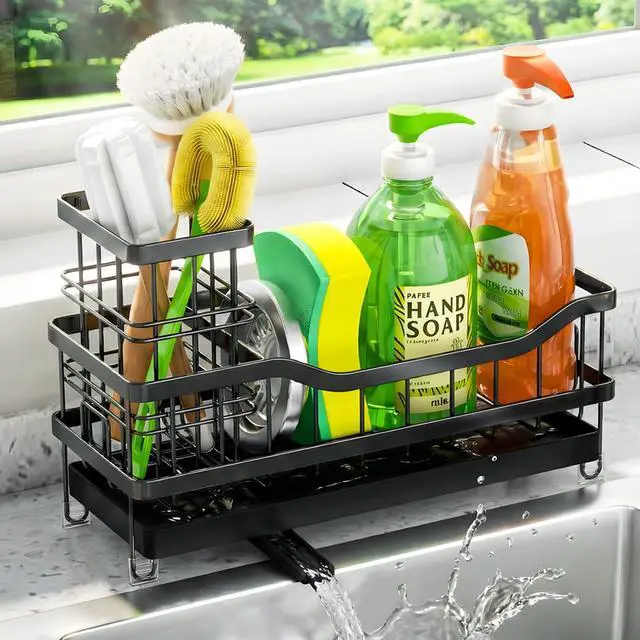 Main image of Sponge Holder for Kitchen Sink, Self-Draining Sink Caddy Organizer with Removable Brush Holder, Rustproof Metal Sponge Rack for Countertop, Fits Soap Dispenser & Scrubber, Black