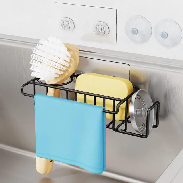 Main image of 4 in 1 Kitchen Organizers and Storage, SUS304 Stainless Steel Brush Holder + Dish Cloth Hanger + Soap Rack + Sink Stopper Rack, No Drill Kitchen Essentials - Black