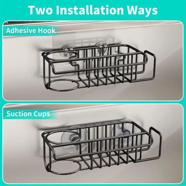 Alt view image 2 of 7 - 4 in 1 Kitchen Organizers and Storage, SUS304 Stainless Steel Brush Holder + Dish Cloth Hanger + Soap Rack + Sink Stopper Rack, No Drill Kitchen Essentials - Black