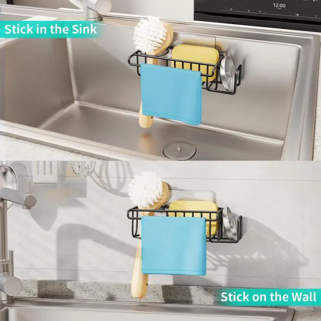 Alt view image 5 of 7 - 4 in 1 Kitchen Organizers and Storage, SUS304 Stainless Steel Brush Holder + Dish Cloth Hanger + Soap Rack + Sink Stopper Rack, No Drill Kitchen Essentials - Black