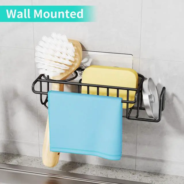 Alt view image 6 of 7 - 4 in 1 Kitchen Organizers and Storage, SUS304 Stainless Steel Brush Holder + Dish Cloth Hanger + Soap Rack + Sink Stopper Rack, No Drill Kitchen Essentials - Black