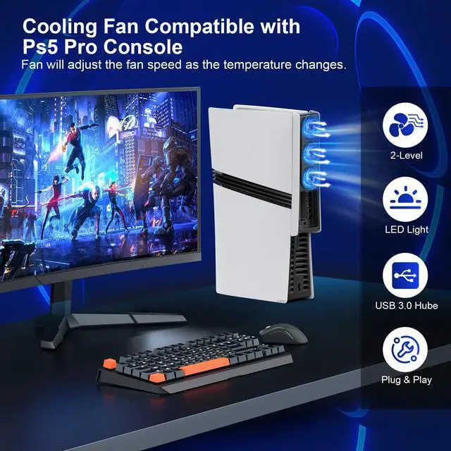 Alt view image 5 of 7 - Cooling Fan for PS5 Pro,Upgraded Quiet Cooler Fan,Auto On/Off Cooling Accessories with Adjustable Speed,LED Light,USB 3.0 Port for PlayStation 5 Pro Disc/Digital (Not for PS5/PS5 Slim)