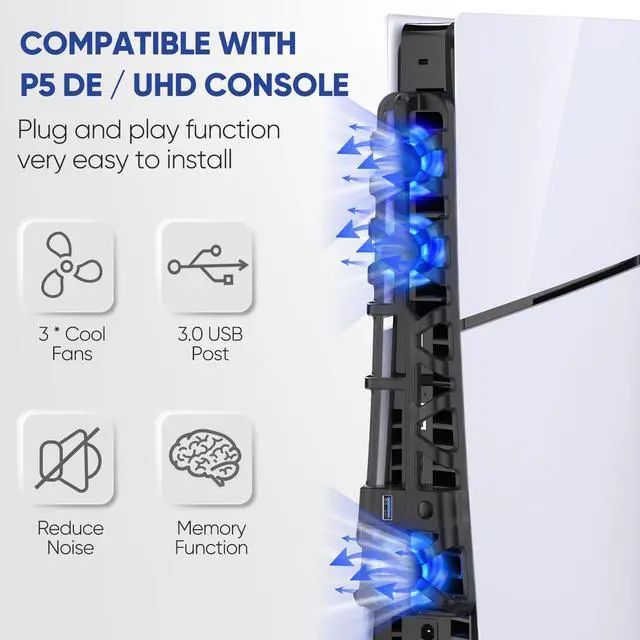 Alt view image 4 of 7 - PS5 Slim Cooling Fan with LED Light, Adjustable Speed (3 Mode), USB 3.0 Port, Silent Enhanced Cooling Fan Compatible with PS5 Slim Disc & Digital - Black