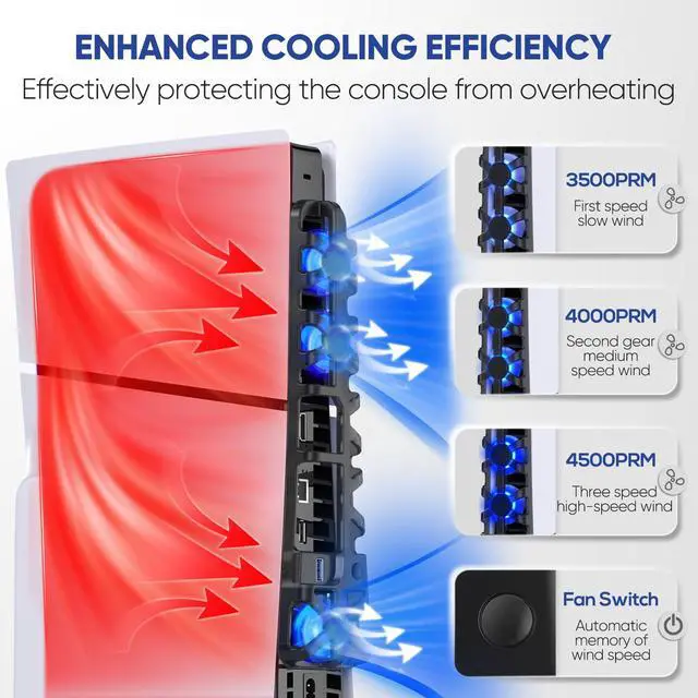Alt view image 3 of 7 - PS5 Slim Cooling Fan with LED Light, Adjustable Speed (3 Mode), USB 3.0 Port, Silent Enhanced Cooling Fan Compatible with PS5 Slim Disc & Digital - Black