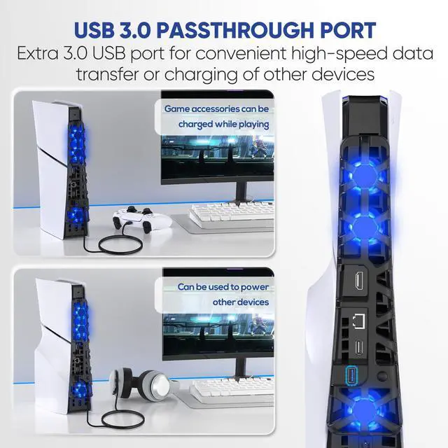 Alt view image 6 of 7 - PS5 Slim Cooling Fan with LED Light, Adjustable Speed (3 Mode), USB 3.0 Port, Silent Enhanced Cooling Fan Compatible with PS5 Slim Disc & Digital - Black