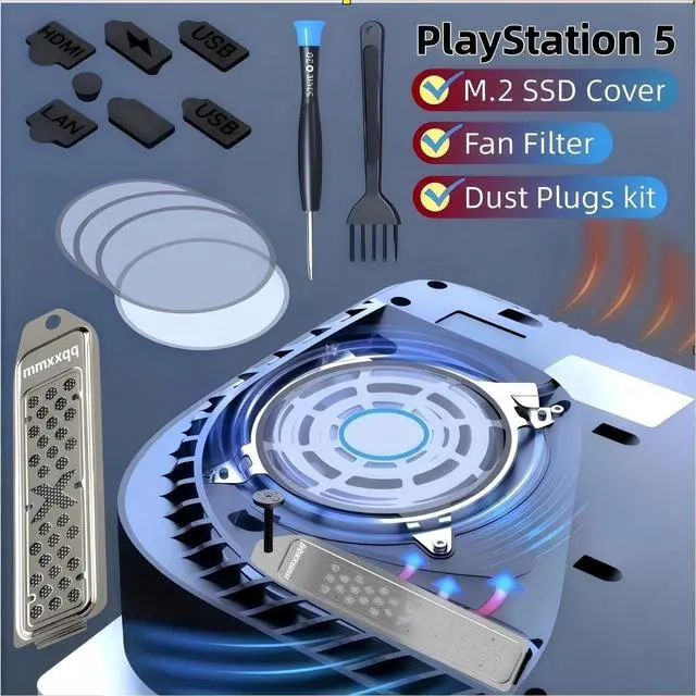 Alt view image 2 of 6 - PS5 Metal Cooler Cover and Dust Cover Kit | Includes Cleaning Brush |Seven Dust Plugs and Four Fan Dust Filters |Compatible with PS5 Pro, Slim Digital Edition, and Disc Drive Edition(Silver)