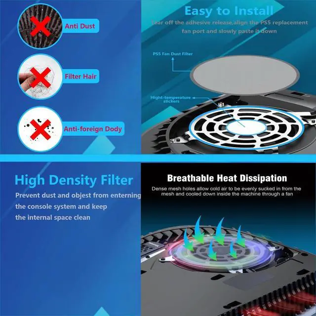Alt view image 5 of 6 - PS5 Metal Cooler Cover and Dust Cover Kit | Includes Cleaning Brush |Seven Dust Plugs and Four Fan Dust Filters |Compatible with PS5 Pro, Slim Digital Edition, and Disc Drive Edition(Silver)