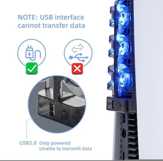 Alt view image 5 of 7 - Cooling Fan for Original PS5 Console Only, 3-Fan External Cooler with USB Charging Port, Quiet Plug & Play Cooling System, Blue LED Indicator, for PS5 Disc & Digital Edition