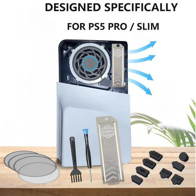 Alt view image 2 of 6 - Pro/Slim PS5 Dust and Cooling Upgrade Kit High-Density Breathable Dust Filter with Fan Dust Filter and Port Plugs Dual Protection Against Dust Accumulation and Overheating