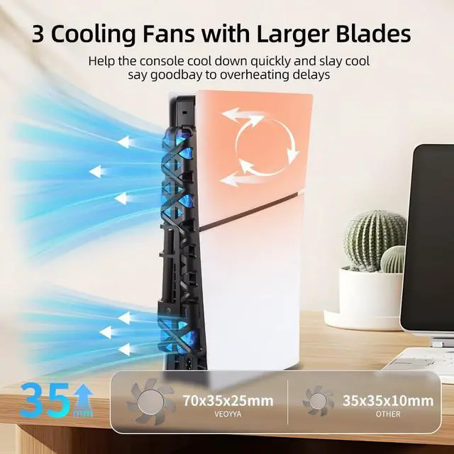 Alt view image 2 of 7 - Cooling Fan with LED Light for PS5 Slim, Quiet Cooling System Accessories for Playstation 5 Slim Disc and Digital Editions, Compatible with Horizontal Stand For Gaming Console
