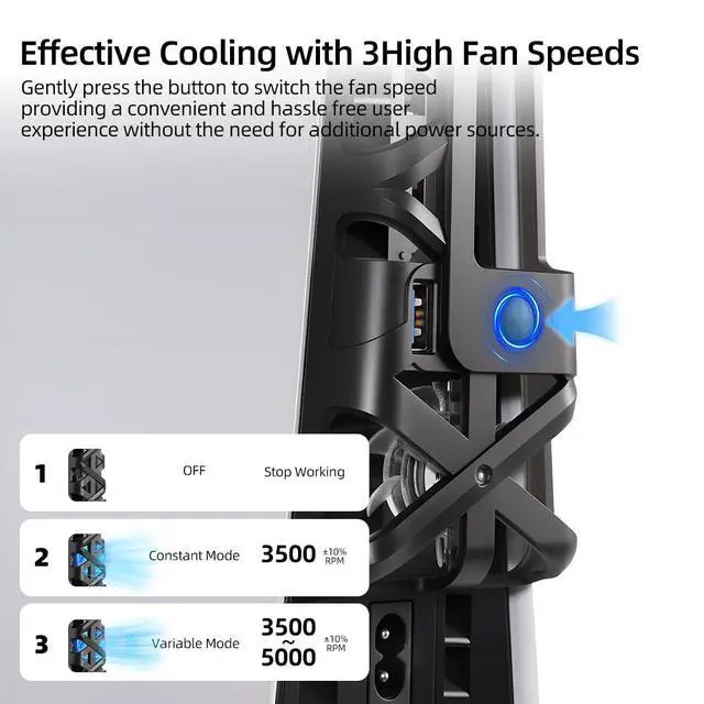 Alt view image 3 of 7 - Cooling Fan with LED Light for PS5 Slim, Quiet Cooling System Accessories for Playstation 5 Slim Disc and Digital Editions, Compatible with Horizontal Stand For Gaming Console